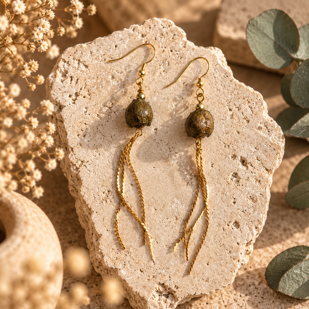 A pair of bohemian-style dangle earrings with gold gumnut and twisted gold leaf-shaped fringe, displayed on a beige stone slab with dried flowers and green leaves.